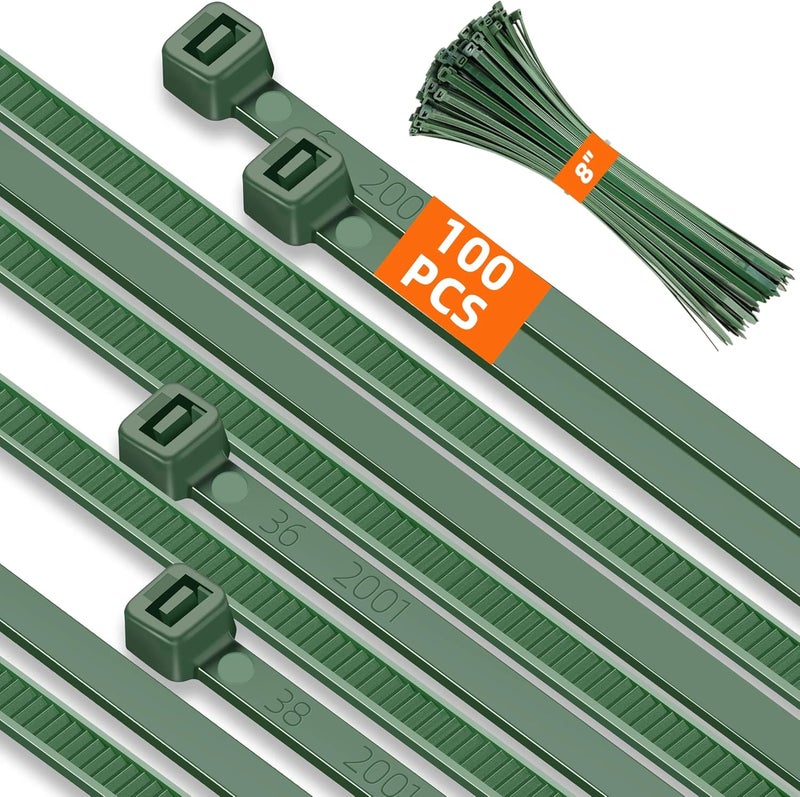 Idemeet 8 Inch PA66 Green Zip Ties, 100 Pcs 3.6mm Heavy Duty Plastic Wire Ties with 45 Lbs, Premium Self-locking Nylon Cable Ties Decoration Tie Wraps for Christmas Tree Gardening Fence Plants Grid Wall - Image 1